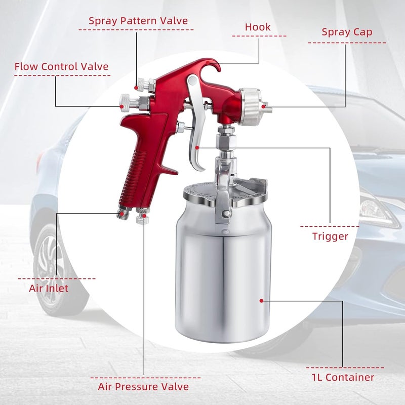 CarBole Suction Paint Sprayer Gun - 1000cc Capacity Cup with 1.3mm 1.7mm 2.0mm Nozzles Professional Air Spray System for Car Furniture Fence Wall - Image 2